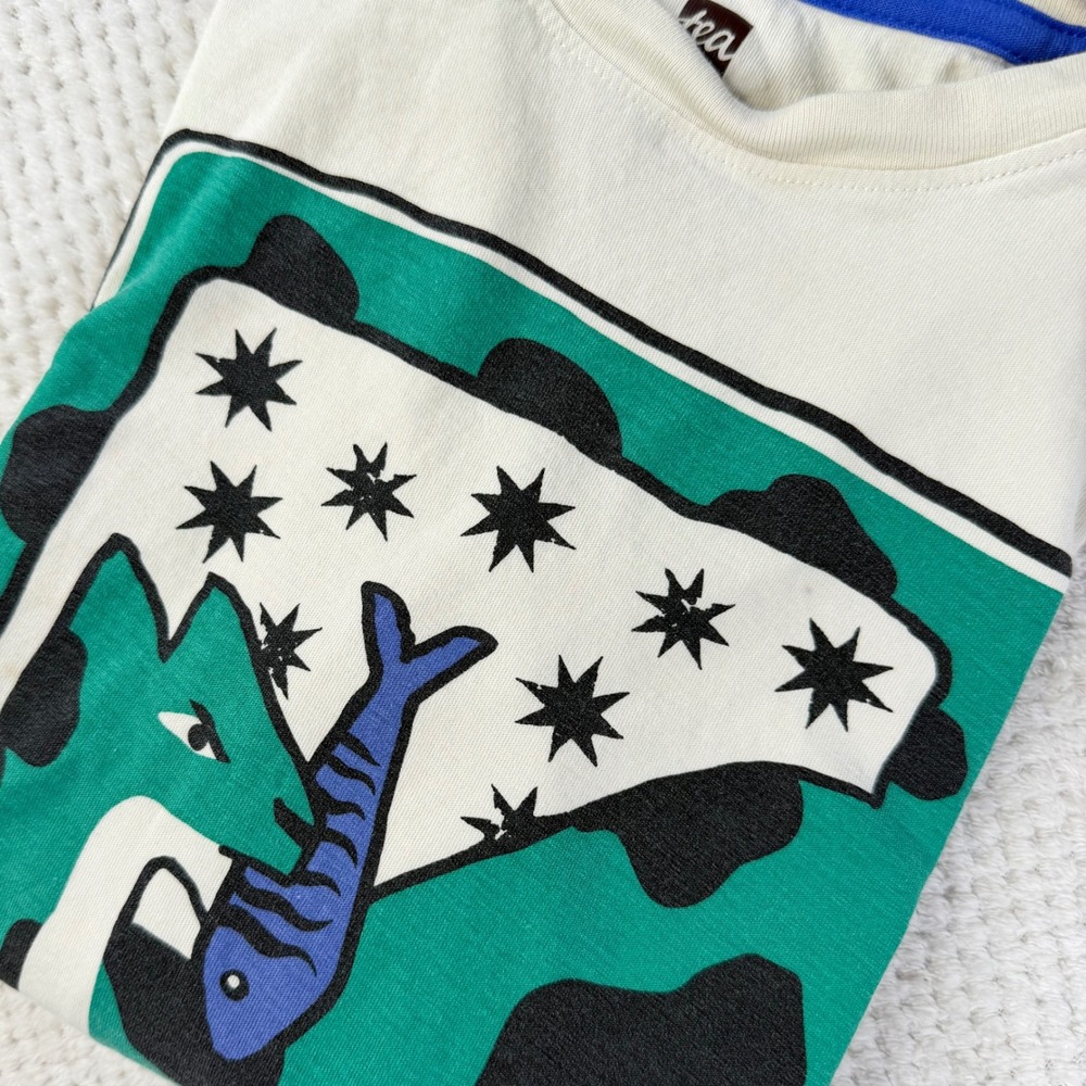 Tea Collection Kids Size 10 Long Sleeve Graphic Tee Cream Green Animal Fish Star